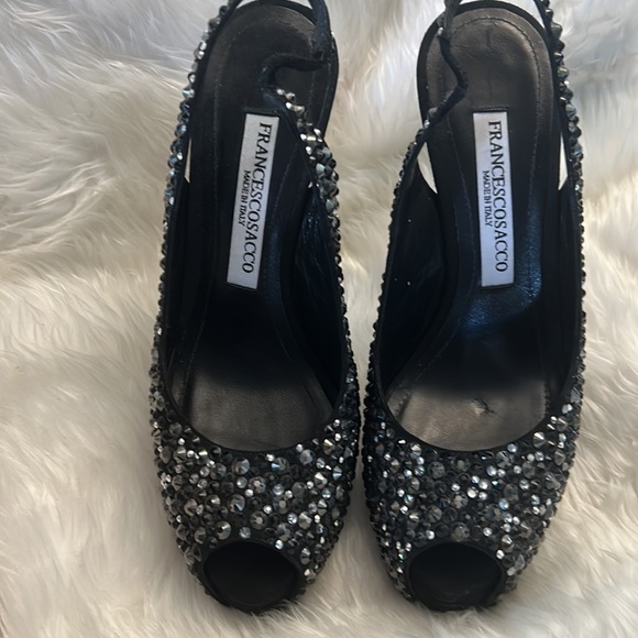 Francesco Sacco Beautiful Black studded Bling Platform sling back heels pumps - Picture 3 of 17